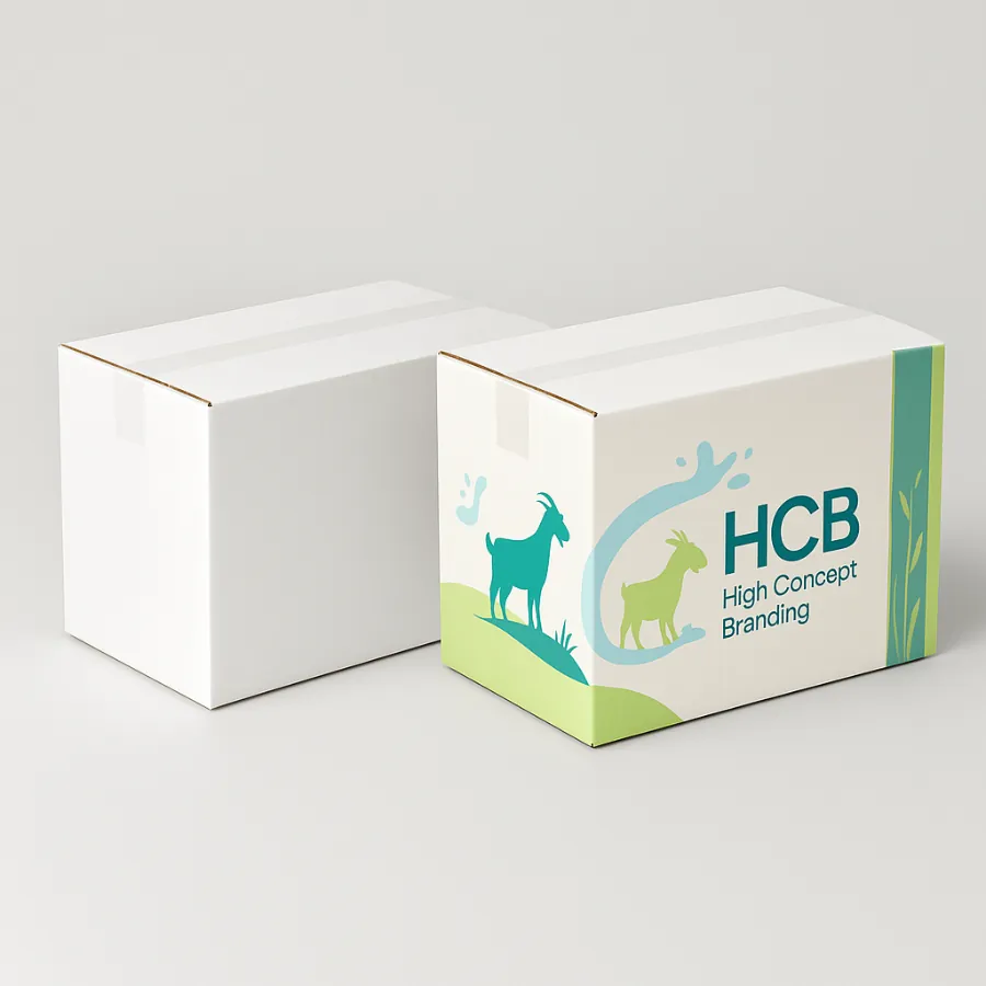 Rectangular shipping boxes- one plain white and one branded with teal and lime goat silhouettes- class=